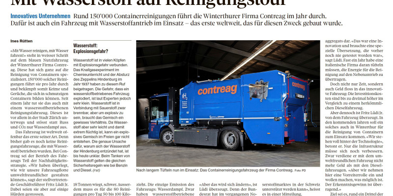 Artikel im Landboten mit dem Contreag Wasserstoff Reinigungsfahrzeug
