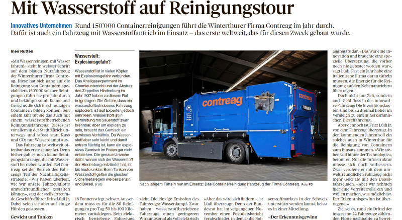 Artikel im Landboten mit dem Contreag Wasserstoff Reinigungsfahrzeug