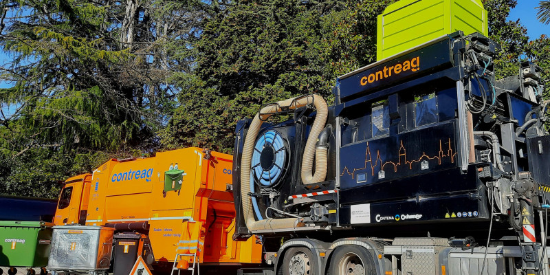 Das Container-Reinigungsfahrzeug mit Elektroantrieb und das Unterflurcontainer-Reinigungsfahrzeug der Contreag